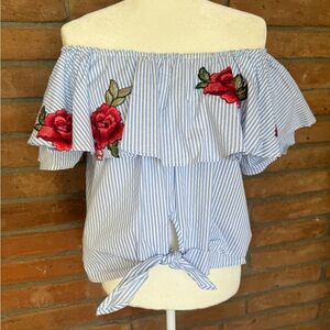 Together Blue Striped Off-Shoulder Blouse with Red Floral Embroidery